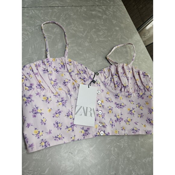 ZARA NWT Linen Blend Floral Crop Top Mauve Size Medium - Picture 1 of 15
